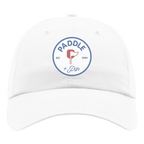 White cap with 'Paddle + Pin' logo on a white background