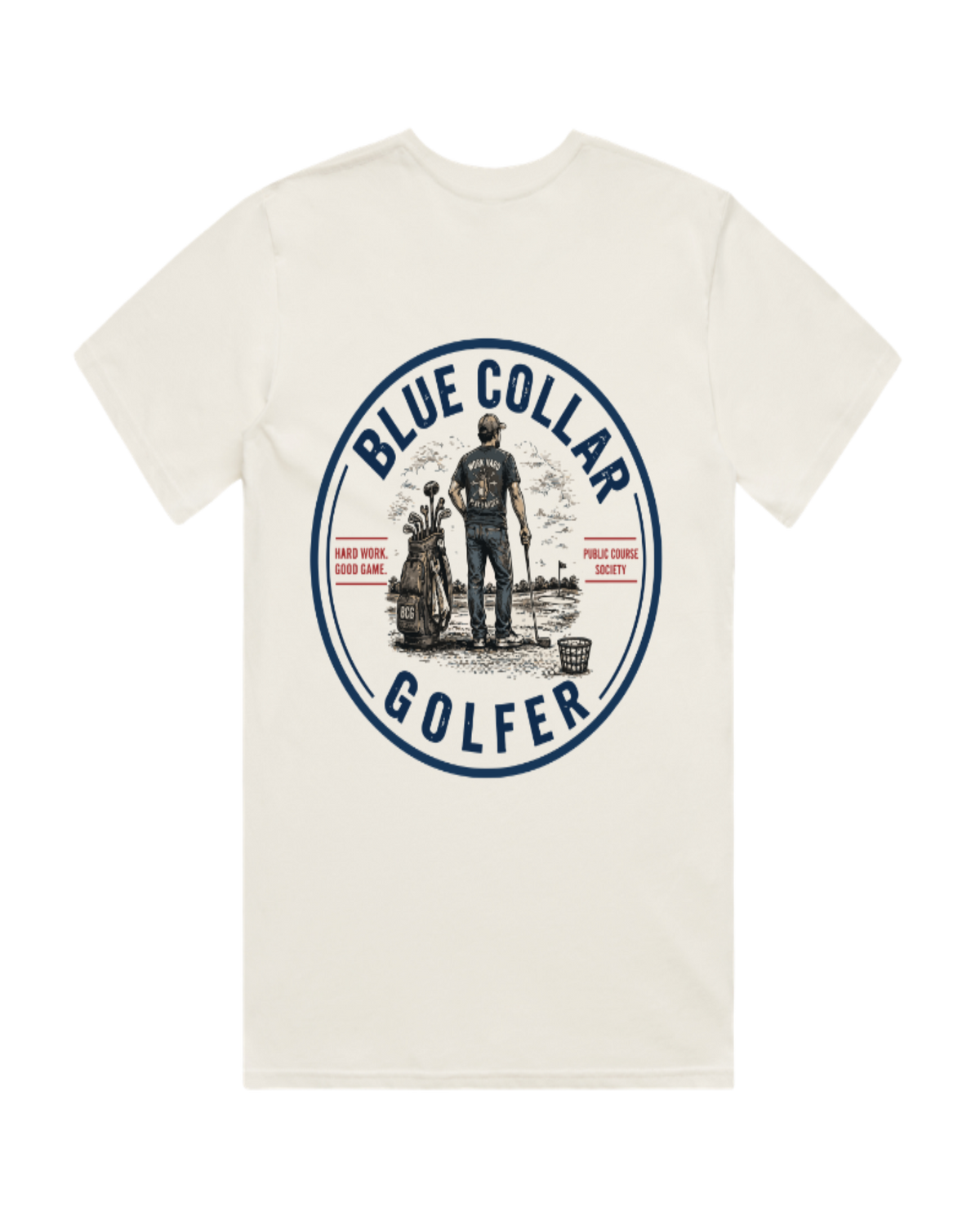 White t-shirt with 'Blue Collar Golfer' graphic design on a white background